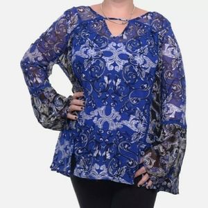INC Blue Floral Textured Bell Sleeve Small Blouse